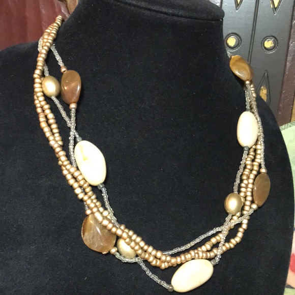 21.5” Necklace Big Chunky Boho Beads EVC Neutral Creamy Earthy Costume Jewelry - Picture 2 of 9